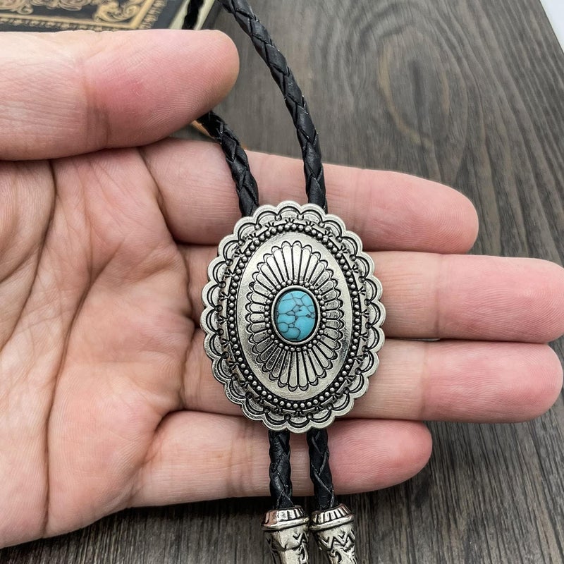 YOQUCOL Vintage American Western Cowboy Indian Art Stone Genunie Leather Bolo Tie For Men Women - Image 5